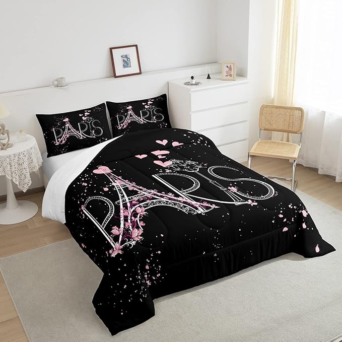 Eiffel Tower Comforter Set Chic Paris Bedding Set Romantic Theme Comforter for Boys Girls Children Teens Black Pink Bedroom Decor Modern French Style Duvet Set King Size with 2 Pillow Case