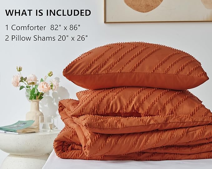 CozyLux Full Size Comforter Set Burnt Orange - 3 Pieces Terracotta Boho Tufted Shabby Chic Bedding Comforter Set for All Seasons, Chevron Bedding Sets with Comforter & 2 Pillow Shams