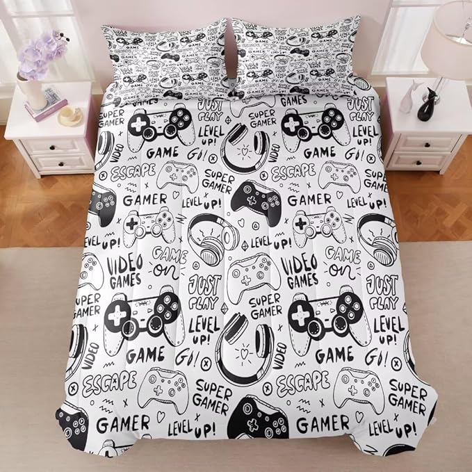Gaming Comforter for Boys Teens,Game Bedding Sets Full,Kids Gamer Comforter Set,Video Game Bedroom Decor,Gamepad Controller Duvet Insert All Season 3 Piece 1 Comforter and 2 Pillowcases