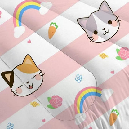 Cat Bedding Twin Size Pink Plaid Rainbow Comforter Set for Girls Kids Children Cloud Cute Kawaii Boho Bedroom Dorm Quilt 1 Comforter + 1 Pillow Case