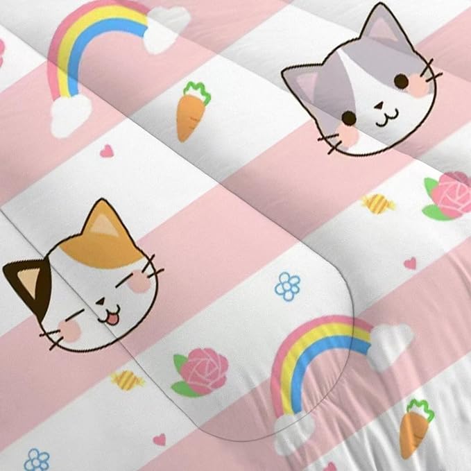 Cat Comforter Set Queen Size Pink Plaid Rainbow Bedding for Teen Girls Women Cloud Cute Boho Bedroom Dorm Quilt 1 Comforter + 2 Pillow Cases