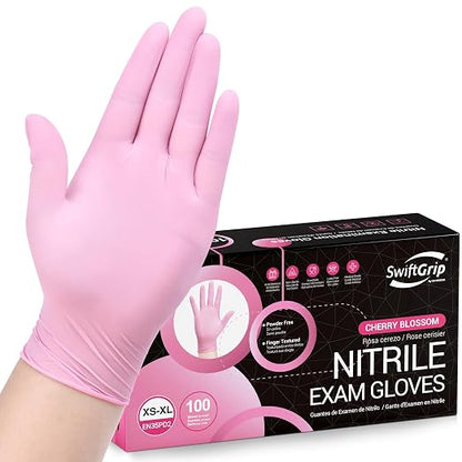 SwiftGrip Pink Nitrile Gloves, 3-mil, Industrial Gloves Disposable Latex Free, for Cleaning & Esthetician, Rubber Powder-Free, 100-ct Box (Large)