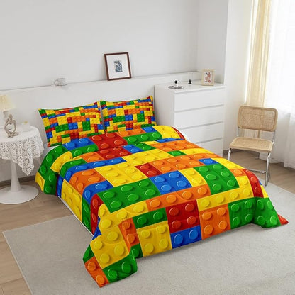 Feelyou Games Comforter Set Twin Size Building Blocks Bedding Set for Kids Boys Girls Colorful Geometric Toy Brick Comforter Gaming Nursery Quilt Duvet Set with 1 Pillowcase Boys