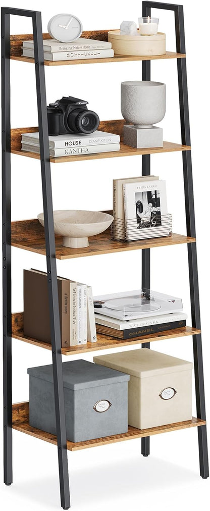 VASAGLE Bookshelf, 5-Tier Narrow Bookcase, Ladder Shelf for Home Office, Living Room, Bedroom, Kitchen, Rustic Brown and Ink Black ULLS067B01