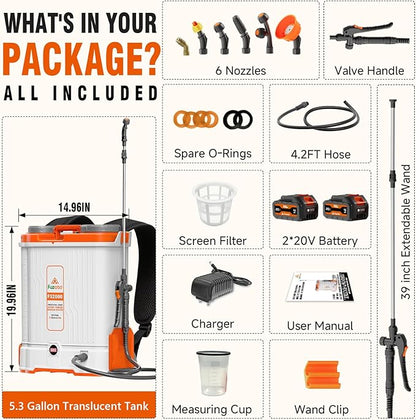5.3 Gallon Battery Powered Backpack Sprayer, 2 * 20V Large Capacity Battery & 45-90PSI Adjustable Pressure, Electric Backpack Garden Sprayer with 6 Spray Nozzles for Lawn, Garden, Yard