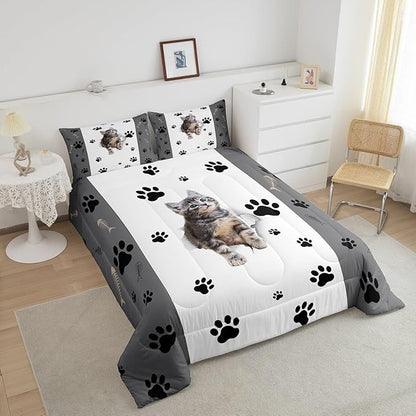 Kids Cat Comforter Set Twin,3D Cute Kawaii Cat Bedding Set Lovely Animal Kitten Paw Print Down Comforter For Girls Boys Cat Lovers' Bedroom,Fish Bone Decor Quilt Duvet Set Grey White 1 Pillow Case