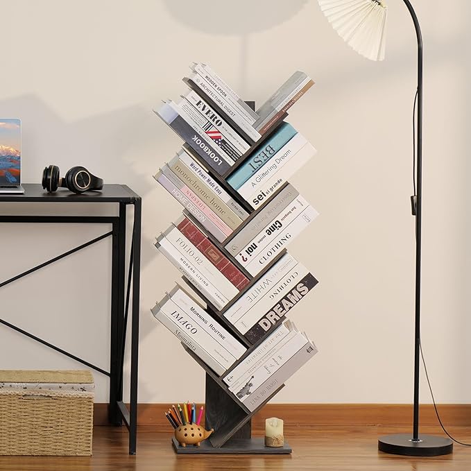 10 Tier Tree Book Shelf, Floor Standing Wood Bookshelf for Narrow Space, Storage Organizer Bookshelves for Books/CDs/Magazine, Bookcase with Shelves for Home Office, Living Room - Light Grey