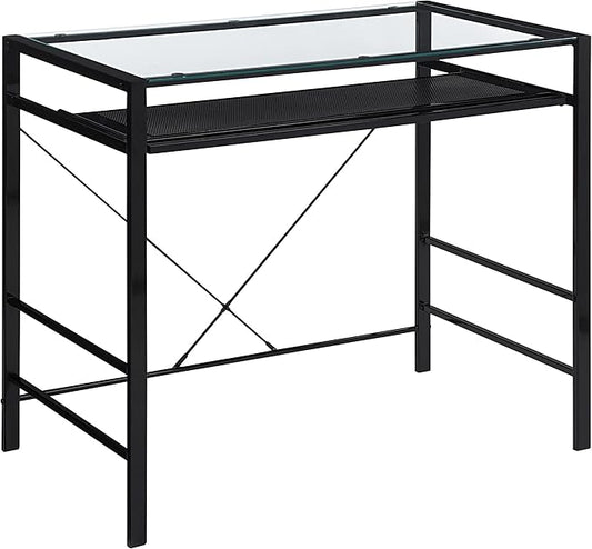 OSP Home Furnishings Zephyr Computer Desk with Keyboard Shelf and Tempered Glass Top, Clear Glass and Black Frame, 36" W x 20" D x 30.25" H