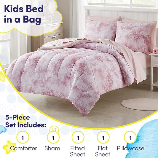 Kids Bedding Set Bed in a Bag for Boys and Girls Toddlers Printed Sheet Set and Comforter, Twin, Waterbury Marble (Pack of 4)
