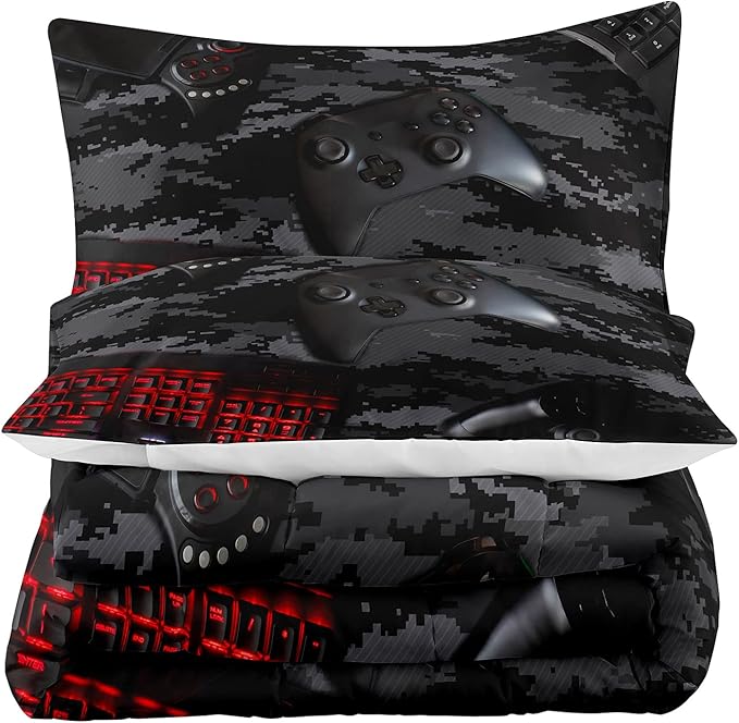 Tailor Shop Modern Camouflage Gaming Comforter Sets for Boys Gamer Comforter Red Mouse Keyboard Gamepad Bedding Set King Size with 1 Comforter 2 Pillowcases,03