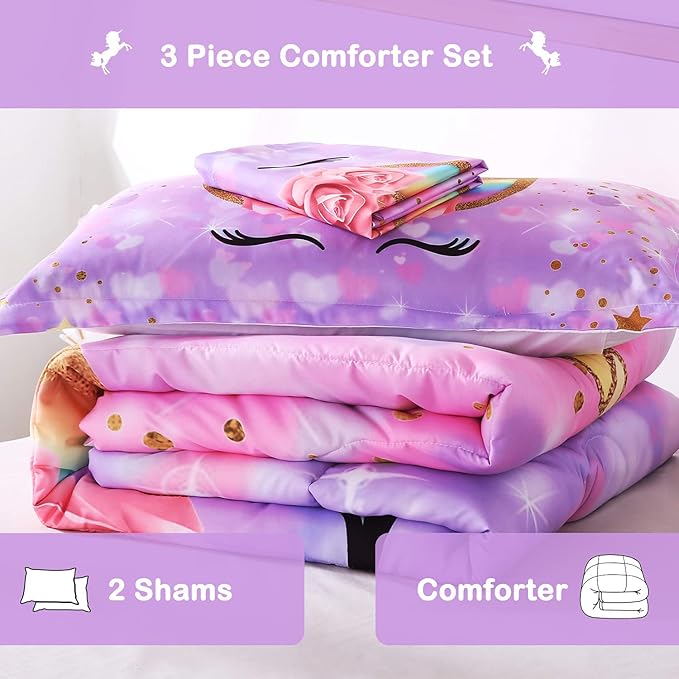 Unicorn Comforter Set 3pc Pink Flower Girl Soft Unicorn Kid's Bedding Sets