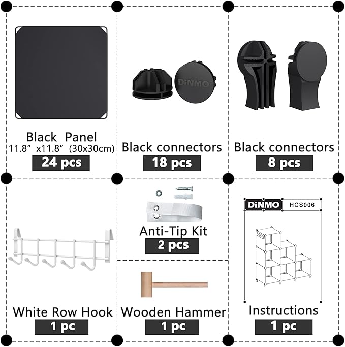 6 Cubes Storage Organizer, Bookcase, Display Shelf with Wooden Mallet, Cabinet Storage for Kids, Adult, Office, Bedroom, Bathroom, Black