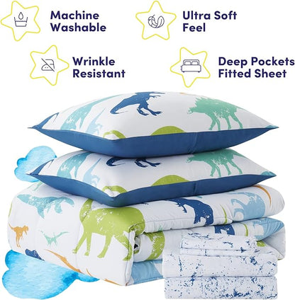 Kids Bedding Set Bed in a Bag for Boys and Girls Toddlers Printed Sheet Set and Comforter, Full, Dinosaur (Pack of 4)