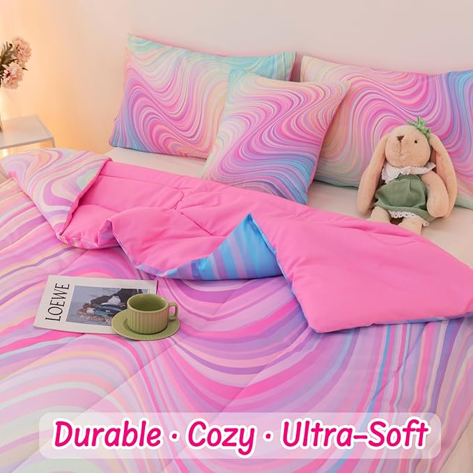 4 Pcs Pink Full Comforter Set for Girls, Tie Dye Superior Kids Teen Bedding Sets, Blue Pink Rainbow Full Size Bedding Set for Girls