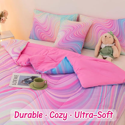 4 Pcs Pink Full Comforter Set for Girls, Tie Dye Superior Kids Teen Bedding Sets, Blue Pink Rainbow Full Size Bedding Set for Girls