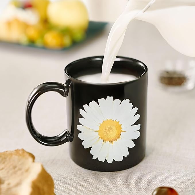 12Oz Daisy Black Ceramic Mug, Mug for Daily Coffee and Tea, Lead-free, Microwave and Dishwasher Safe Coffee Mug, Perfect gifts for women and men