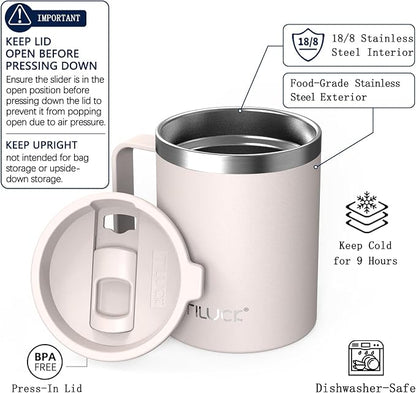 TILUCK 12 oz Insulated Coffee Mug with Lid and Handle | BPA-Free Lid, Double-Wall Vacuum Insulation, Stainless Steel Coffee Cup, Dishwasher Safe Mug for Hot & Cold Drinks,SakuraPink