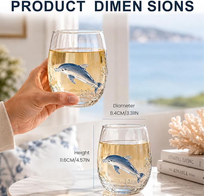 Coastal Stemless Wine Glasses Set of 4, 12oz 3D Ocean Animal Artisan Glassware Collection with Unique Sea Life Designs (C - Set of 1)
