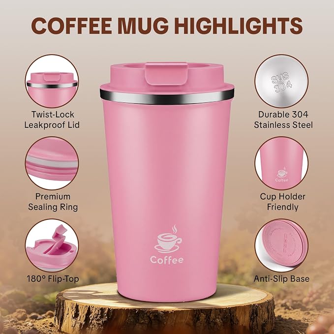 17oz Travel Coffee Mug ,Leakproof Vacuum Coffee Cup Insulated Tumbler | 304 Stainless Steel, Double-Wall Vacuum Insulated, Leakproof, Fits Hot & Cold Drinks Car Cup Holders, Travel, Office