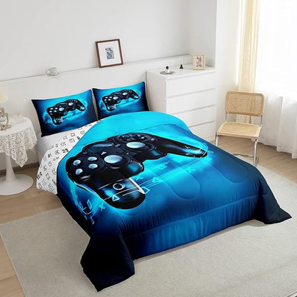 Feelyou Gamer Comforter Sets for Boys Twin Bedding Set for Boys Kids Gaming Comforter Gamer Room Decor Blue Video Game Bed Set Teens Bedroom Gamepad Duvet Set All Season 1 Comforter with 1 Pillow Case