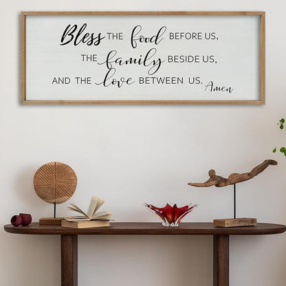 SRSZHIYUE Bless the Food Before Us Wall Sign Decor 40"×15" Christian Bible Verse for Farmhouse Rustic Kitchen Dining Room Framed Wood Scripture Religious Jesus Prayer Wall Art (Wood)