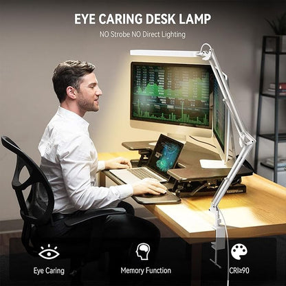 SKYLEO Desk Lamp - 31.5" Desk Light - 5 Color Modes X 11 Brightness Levels - Adjustable Swing Arm - Timmer & Memory Function - 12W Study Lamp - White