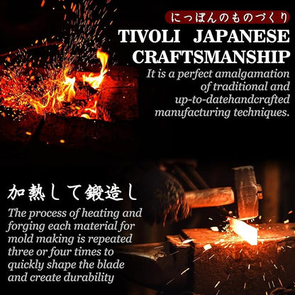 TIVOLI Hand Forged Ulu Knife - Mezzaluna Rocker Knife - Pizza Cutter | Anti-stick Pounding Texture, Full Tang, Rosewood Handle, Belt Sheath, Gift Box, for Kitchen, Camping, BBQ