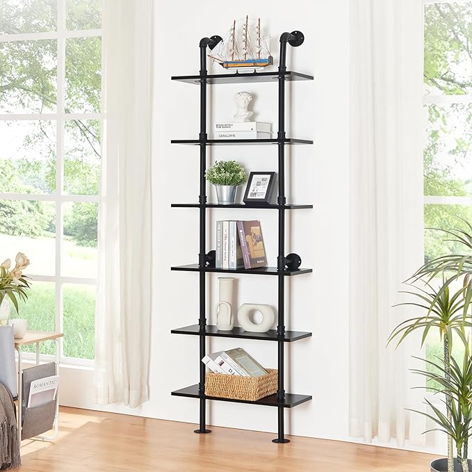 HOMBAZAAR Industrial Bookshelf, 6-Tier Industrial Pipe Bookshelf, Wall Mounted Ladder Shelf with Metal Frame for Home Office, Living Room, Black