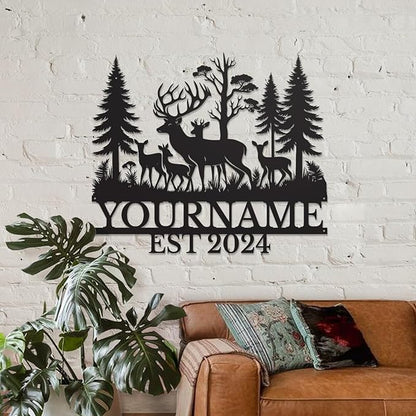 Personalized Deer Forest Name metal Signs,Custom Shed Metal Wall Decor,Black Deer Metal Wall Art Decor,Deer Home Metal Signs Plaques,Outdoor wall Decorative Signage (Style E)
