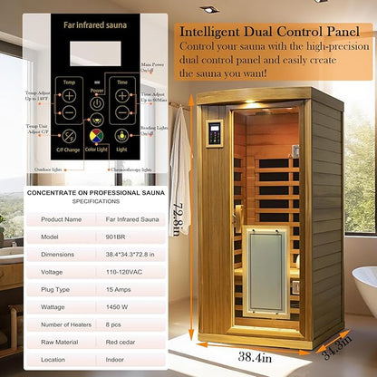 Red Cedar Personal Indoor Infrared Sauna Room, Low EMF Far-Infrared Sauna, Dual LCD Control Panel Inside and Outside,Bluetooth Speaker, Tempered Glass Door with Far Infrared Heating Panel