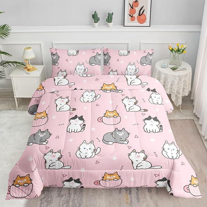 Datura home Pink Kawaii Cat Comforter Bedding Set for Girls Lovely Kitten Print Cute Animal Pattern with 1 & 2 Pillowcases Bedroom All Season(Cat Queen), Queen 90x90inches