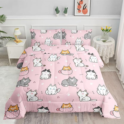 Datura home Pink Kawaii Cat Comforter Bedding Set for Girls Lovely Kitten Print Cute Animal Pattern with 1 & 2 Pillowcases Bedroom All Season(Cat Queen), Queen 90x90inches