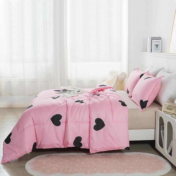 Love Pattern Girls Pink Comforter Set King Size, Blush Pink Cute Love Heart Sexy Comforter Bedding Set for All Seasons, Soft Microfiber 3 Pieces Comforter Set with Pillowcases