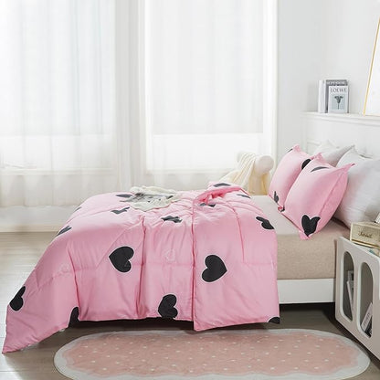 Love Pattern Girls Pink Comforter Set Queen Size, Blush Pink Cute Love Heart Sexy Comforter Bedding Set for All Seasons, Geometric Soft Microfiber 3 Pieces Comforter Set with Pillowcases