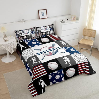 Teen Boy Sports Baseball Queen Bedding Set,Kids Baseball Athlete Comforter Set,Grunge Hippie Tie Dye Ball Bed Comforter Sets Room Decor Patchwork Pattern 2 Pillow Cases（Red Blue Black White Grey）