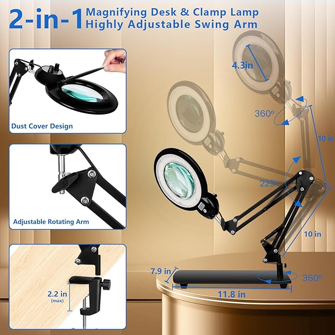 【Upgrade Head Dual Dimmer】 10X Magnifying Glass with Light and Stand, HITTI 2-in-1 LED Lighted Magnifier Large Base & Clamp, Infinite Color Stepless Dimming Magnifying Lamp for Painting Craft Reading