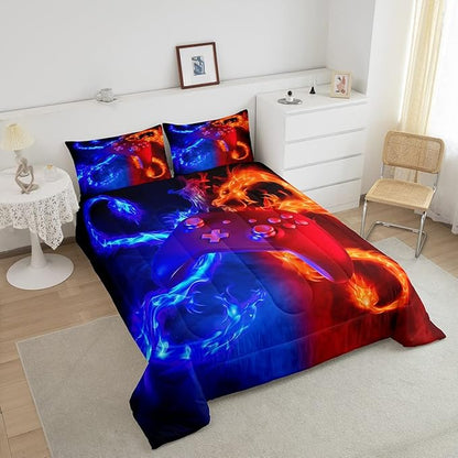 Ice Fire Dragon Comforter Set for Boys Teens Kids Gamer Games Room Decor Bedding Set Blue Red Gaming Gamepad Down Comforter ,Fairy Tale Animals Theme Room Decor 2Pcs Duvet Insert King Size,Soft