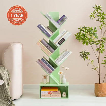 Yoobure Tree Bookshelf - 6 Shelf Retro Floor Standing Bookcase, Tall Wood Book Storage Rack for CDs/Movies/Books, Utility Book Organizer Shelves for Bedroom, Living Room, Home Office Green