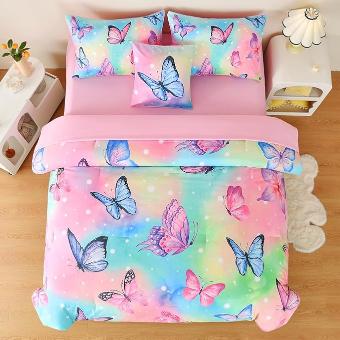 Butterfly Bedding Set Twin, Pink Butterfly Comforter Set for Girls Kids Teens 6 pcs Bed in a Bag Twin Bedding Sets for Girls