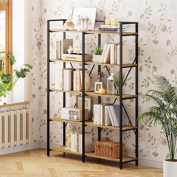 BON AUGURE Industrial Bookshelves and Bookcases, 5 Tier Heavy Duty Etagere Shelving Unit, Farmhouse Rustic Wood Metal Book Shelves for Office, Living Room and Bedroom (Vintage Oak, 43.31 inch Wide)