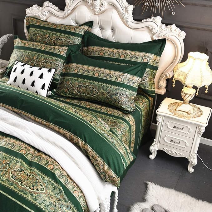 ABREEZE Bohemian Vintage Cal.King Size Floral Cotton Bedding Set 3Pcs Duvet Cover Set Boho Green Paisley 100% Egyptian Brushed Cotton Reversible Home Bedding Collection