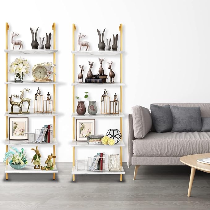 5 Tiers Ladder 2-Piece Shelf White Marble Modern Bookshelf Open Tall Wall Mount Bookcase Standing Leaning Wall Shelves Industrial Decorative