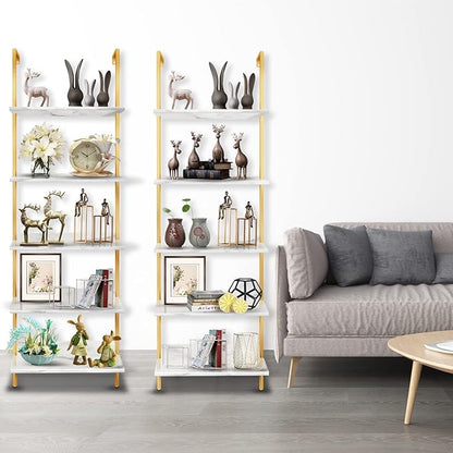 5 Tiers Ladder 2-Piece Shelf White Marble Modern Bookshelf Open Tall Wall Mount Bookcase Standing Leaning Wall Shelves Industrial Decorative