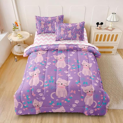 5 Piece Girls Cat Comforter Set Full Size Bed in A Bag Pink Cute Cartoon Cats Bedding Set for Kids Teens (1 Comforter, 1 Flat Sheet, 1 Fitted Sheet, 2 Pillowcases), Purple Pink