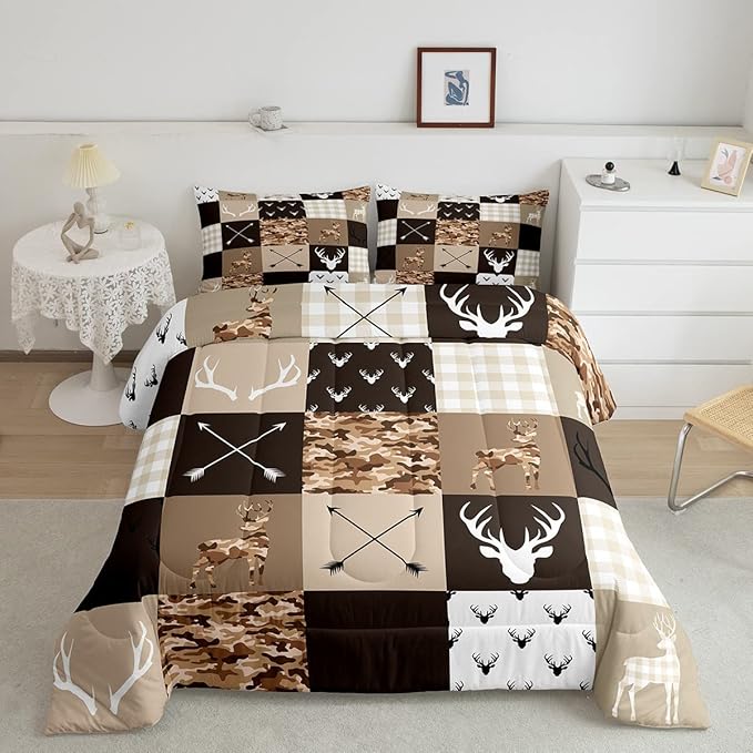 Camo Animal Kids Comforter Set Full Size,Deer Antlers Silhouette Bedding Set,Girls Boys Adults Bedroom/Xmas Decor,Checkered Geometric Down Comforter,Arrow Boho Tribal Duvet Insert,3pcs,2 Pillowcases