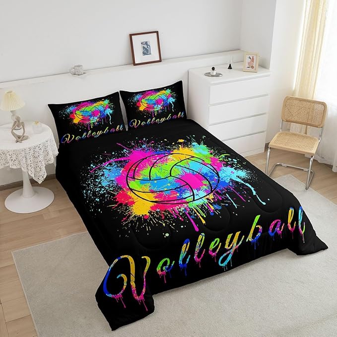 Kids Volleyball Comforter Set Full Size Sports Game Bedding Set for Boys Girls Teens Bedroom Decor Tie Dye Comforter Women Men Volleyball Player Duvet Set with 2 Pillow Case