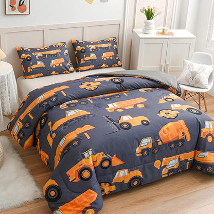 NTBED Construction Truck Comforter Set for Boys Kids Vehicles Excavator Cars Lightweight Microfiber Bedding Sets (Grey,Full)