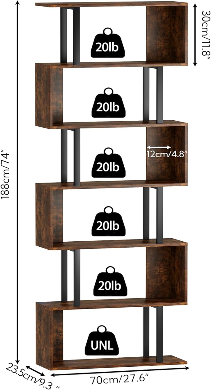Yusong Geometric Bookcase, S Shaped Bookshelf 6-Tier Book Shelves for Bedroom, Modern Wood Decorative Display Shelf Tall Book Case for Home Office, Bown and Black