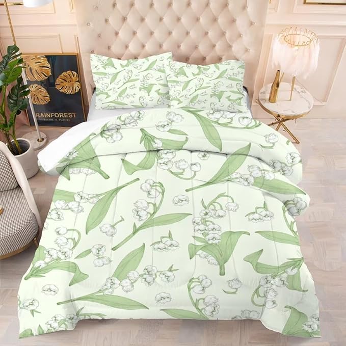 kxry Green Flower Comforter Sets Bedding Sets King Size Comforter Set for Girls Women Kids 1 Comforter + 2 Pillow Case