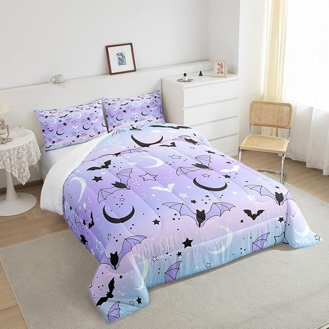 Feelyou Halloween Comforter Rainbow Comforter Set for Boys Girls Children Bat Moon Star Print Bedding Set Halloween Theme Purple Gradient Style Room Decor Queen Size Duvet Set 3Pcs